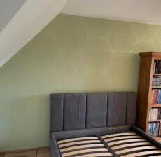 Une chambre avec un lit et des étagères pour les livres