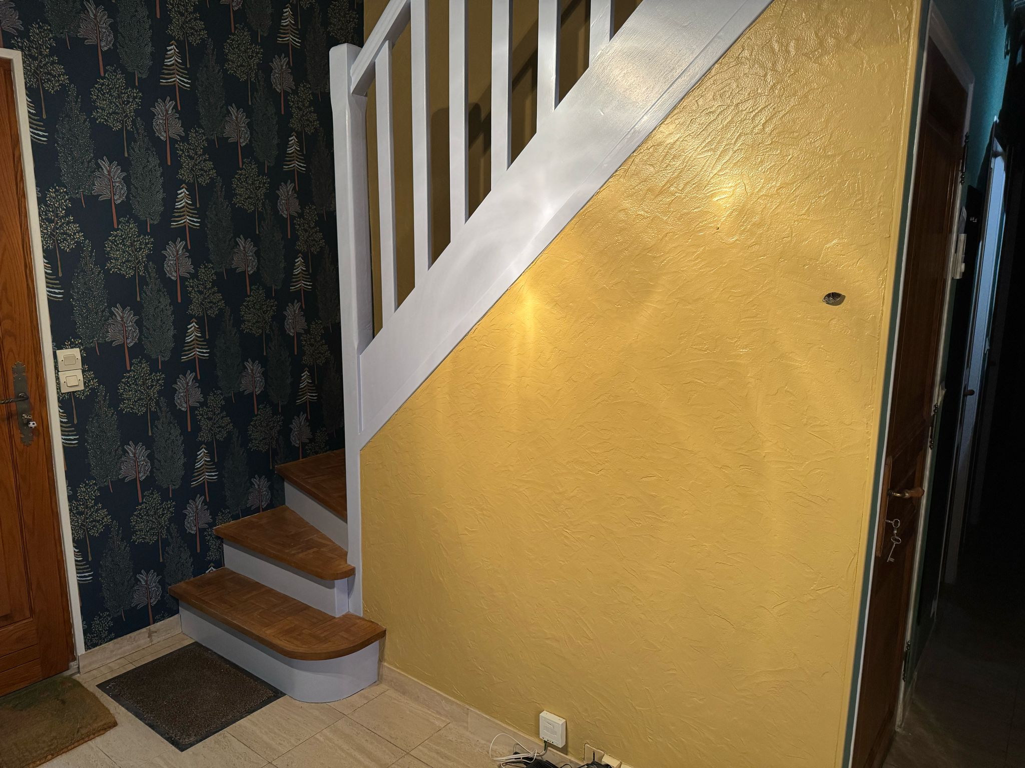 Rénovation cage d’escalier et couloir : papier peint, peinture et garde-corps