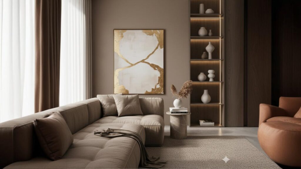 Salon moderne avec des meubles bruns et des murs de couleur taupe créant une ambiance chaleureuse et accueillante
