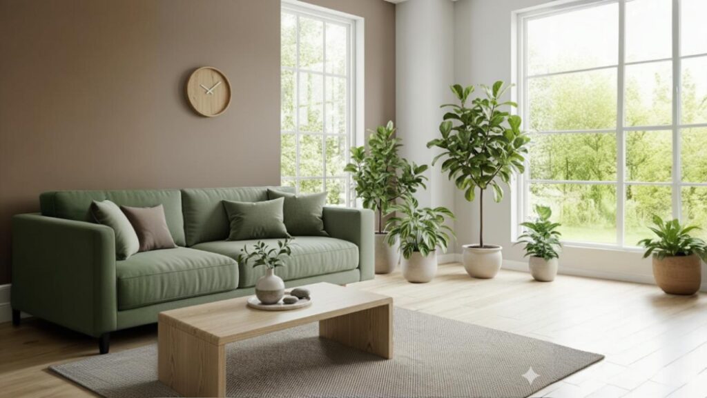 Un salon avec un canapé vert des plantes et des murs de couleur taupe