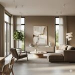Un salon moderne avec de grandes fenêtres et une grande peinture accrochée au mur